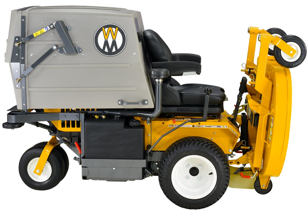 Walker Mower MD21 with deck in service position for easy blade maintenance