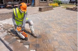 Stihl TSA 300 Battery Cut-off Machine - at work on a tiled surface
