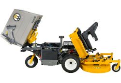 Walker Diesel mower with body tilted for easy maintenance and cleaning