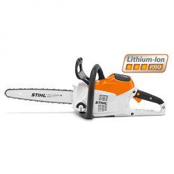 Stihl Battery Chainsaw MSA 200 cutting a block