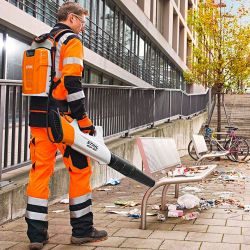 working the streets with a Stihl Battery Blower BGA 100